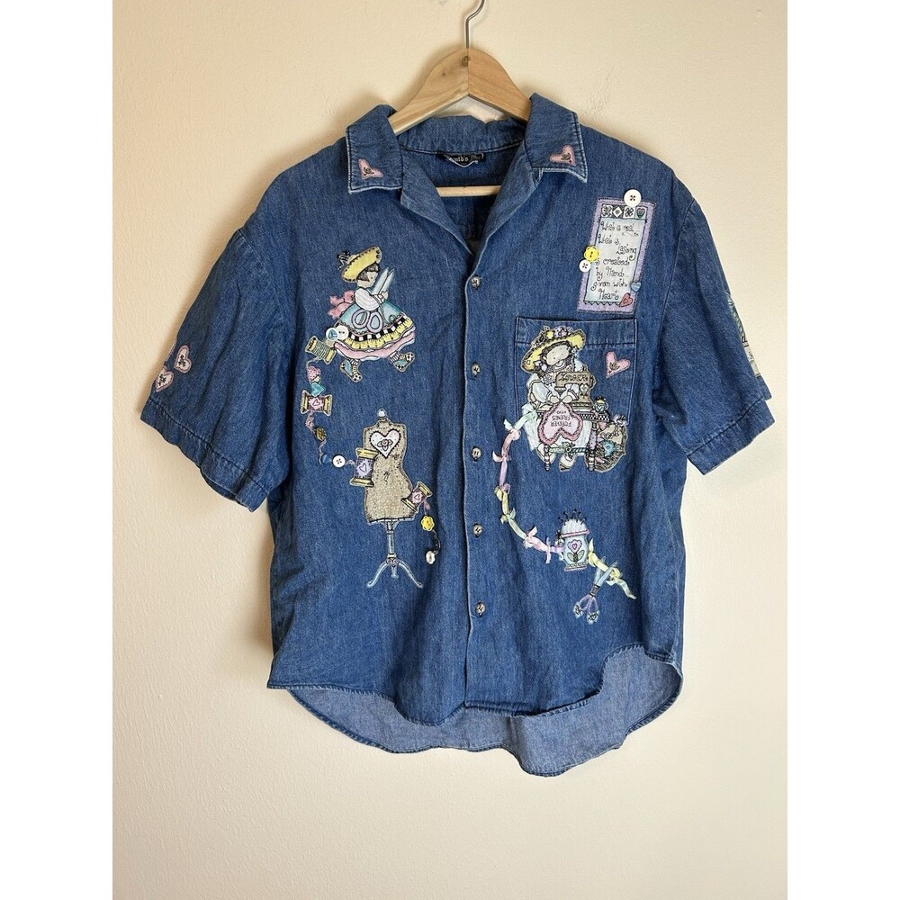 Vintage Denim Jean Shirt XL Cottage Prairie Appliqué Embroidered Doll Craft Top